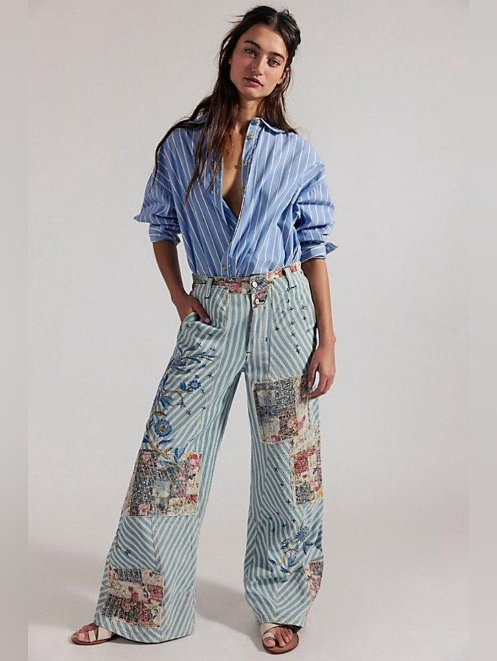 Free People Runyon Patch Light Blue Striped Wide-Leg Embroidered Jeans